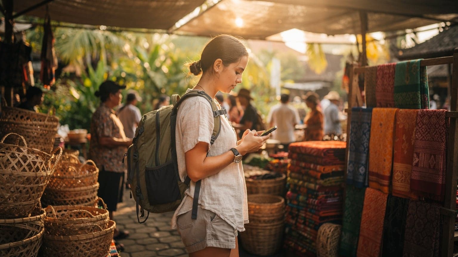 Een vrouw met een rugzak kijkt op haar telefoon op een drukke markt in Ubud, Bali, met rieten manden en tropische planten op de achtergrond.
