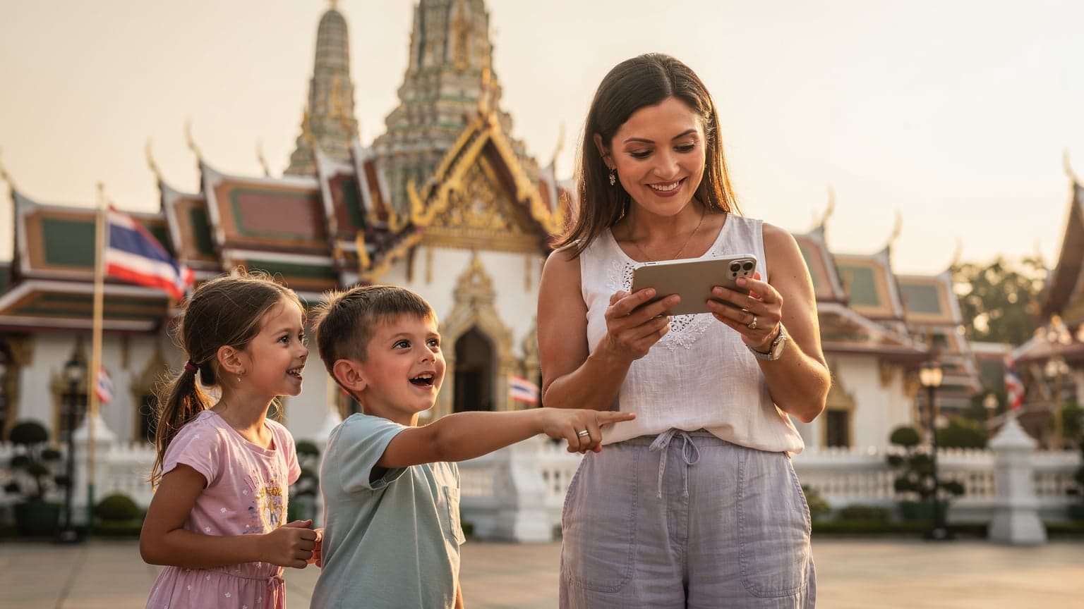 Une mère et ses deux enfants, un garçon et une fille, souriant devant le Grand Palais de Bangkok, la mère consultant son smartphone avec une carte eSIM activée, le tout sous un soleil matinal doux.
