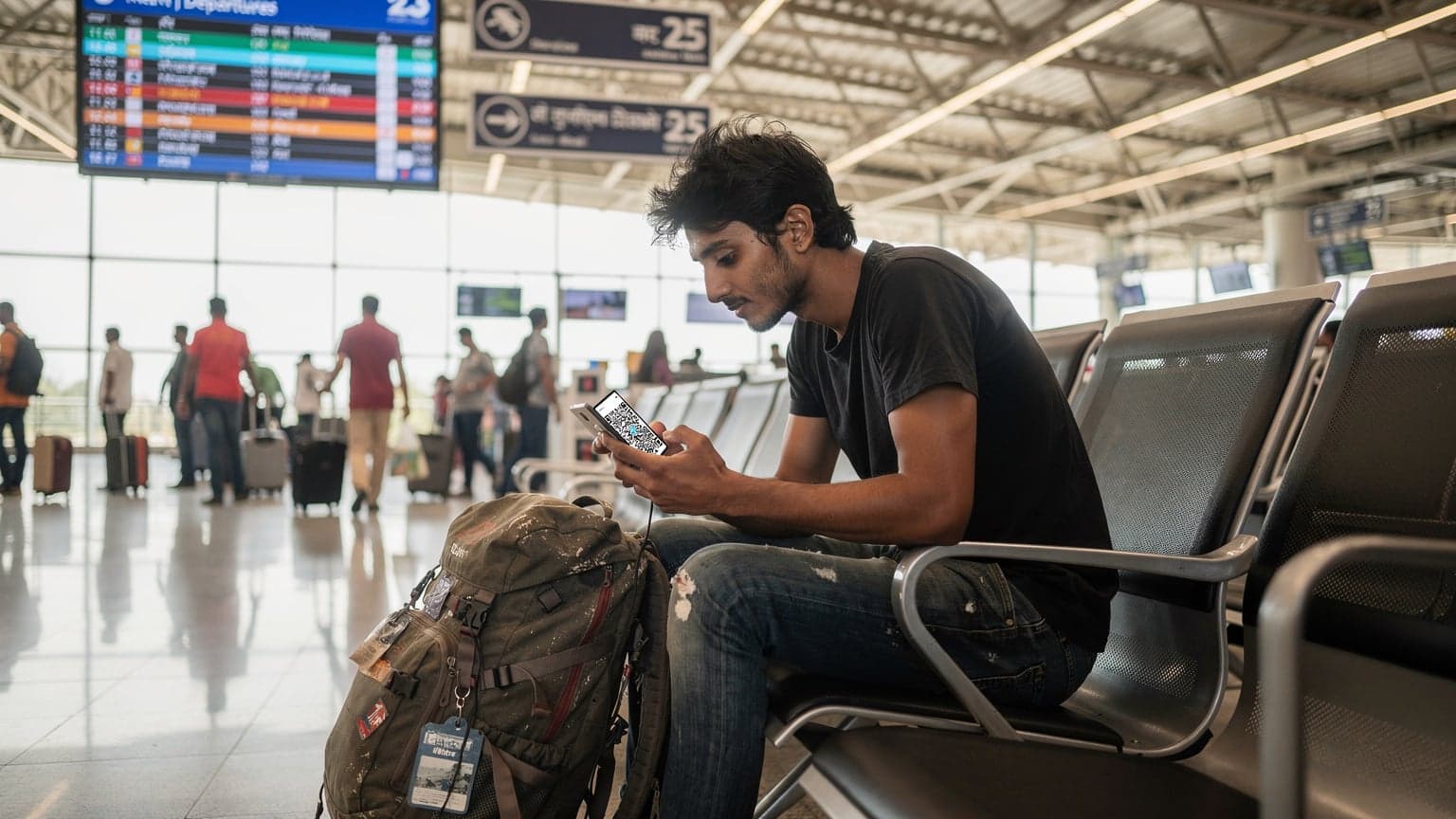 एक व्यस्त बेंगलुरु हवाई अड्डे पर एक भारतीय यात्री अपने फोन पर Vi eSIM QR कोड स्कैन कर रहा है, उसकी बैकपैक उसके बगल में रखी है।