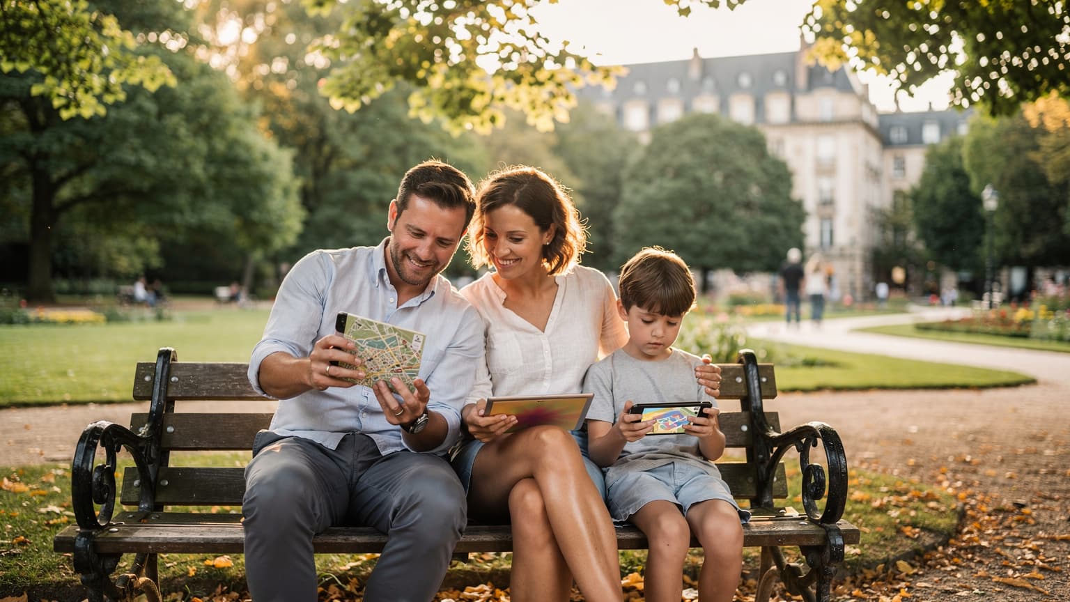 Uma família, pai, mãe e duas crianças, sentados em um banco pitoresco no Jardim da Cidade de Luxemburgo, usando seus smartphones e tablets com sorrisos, desfrutando da conexão enquanto o sol da manhã ilumina a cena.
