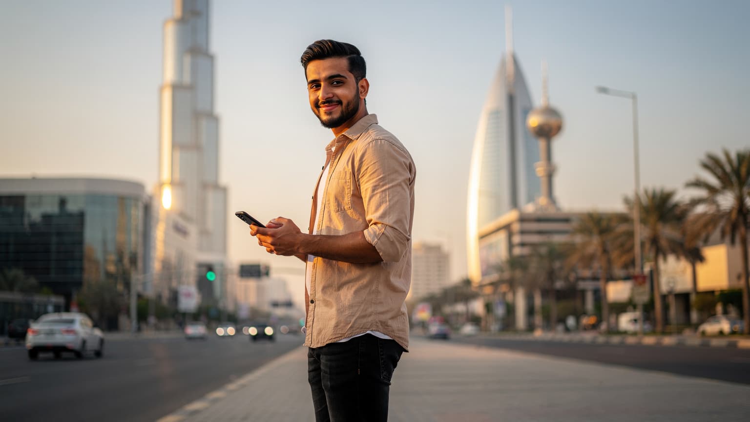 شاب سعودي يبتسم وهو يحمل هاتفه الذكي على خلفية أبراج الرياض الحديثة، مع انعكاس ضوء الشمس الذهبي على واجهات المباني الزجاجية.