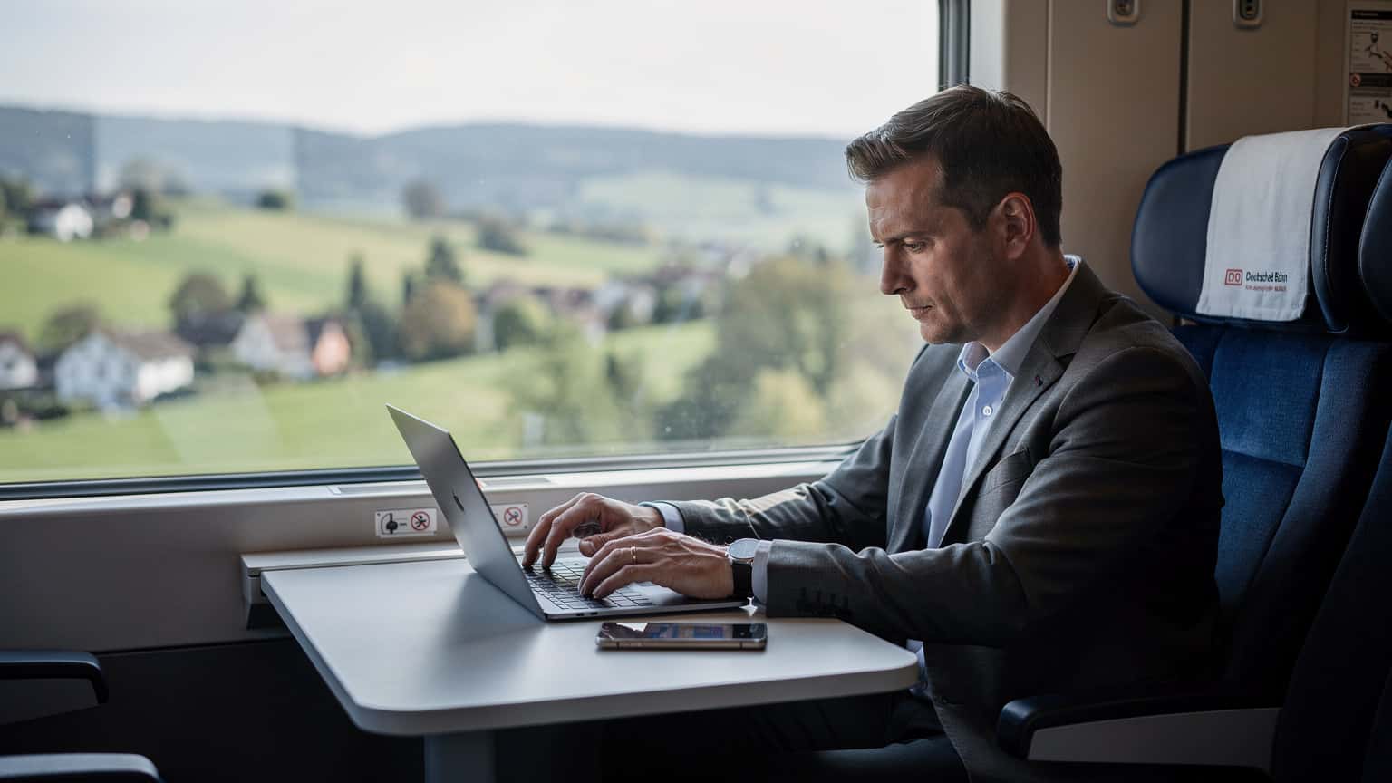 Eine Person sitzt in einem ICE-Zug auf der Strecke Berlin-München und arbeitet an einem Laptop, während sie ihr Smartphone mit einer eSIM-Verbindung nutzt, die durch das Zugfenster sichtbare deutsche Landschaft zieht vorbei.