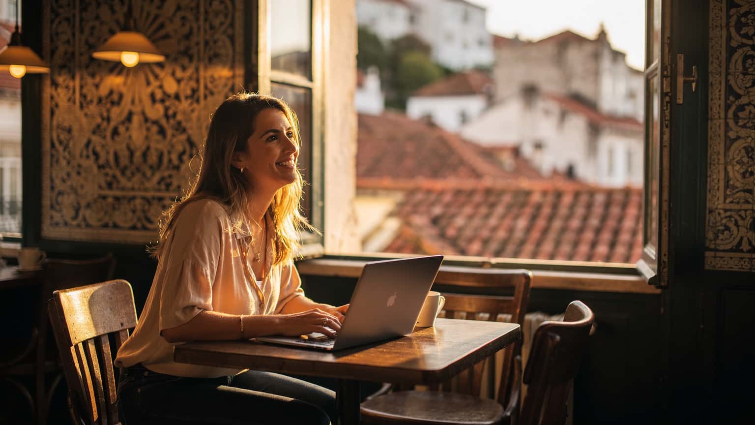 Uma mulher nômade digital sorrindo enquanto trabalha em seu laptop em um café ensolarado no Bairro Alto, Lisboa, com uma vista parcial dos telhados vibrantes da cidade ao fundo.
