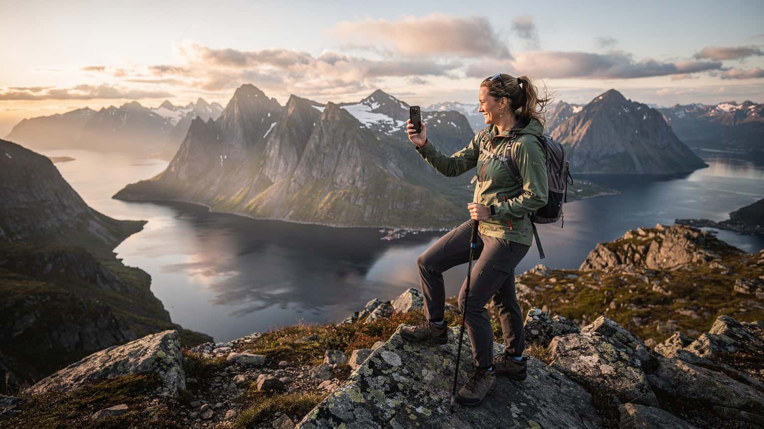 En kvinne med en ryggsekk og vandrestaver står på en fjelltopp i Lofoten, med en smarttelefon i hånden, og tar et bilde av en fantastisk utsikt over fjorder og fjell i solnedgang.