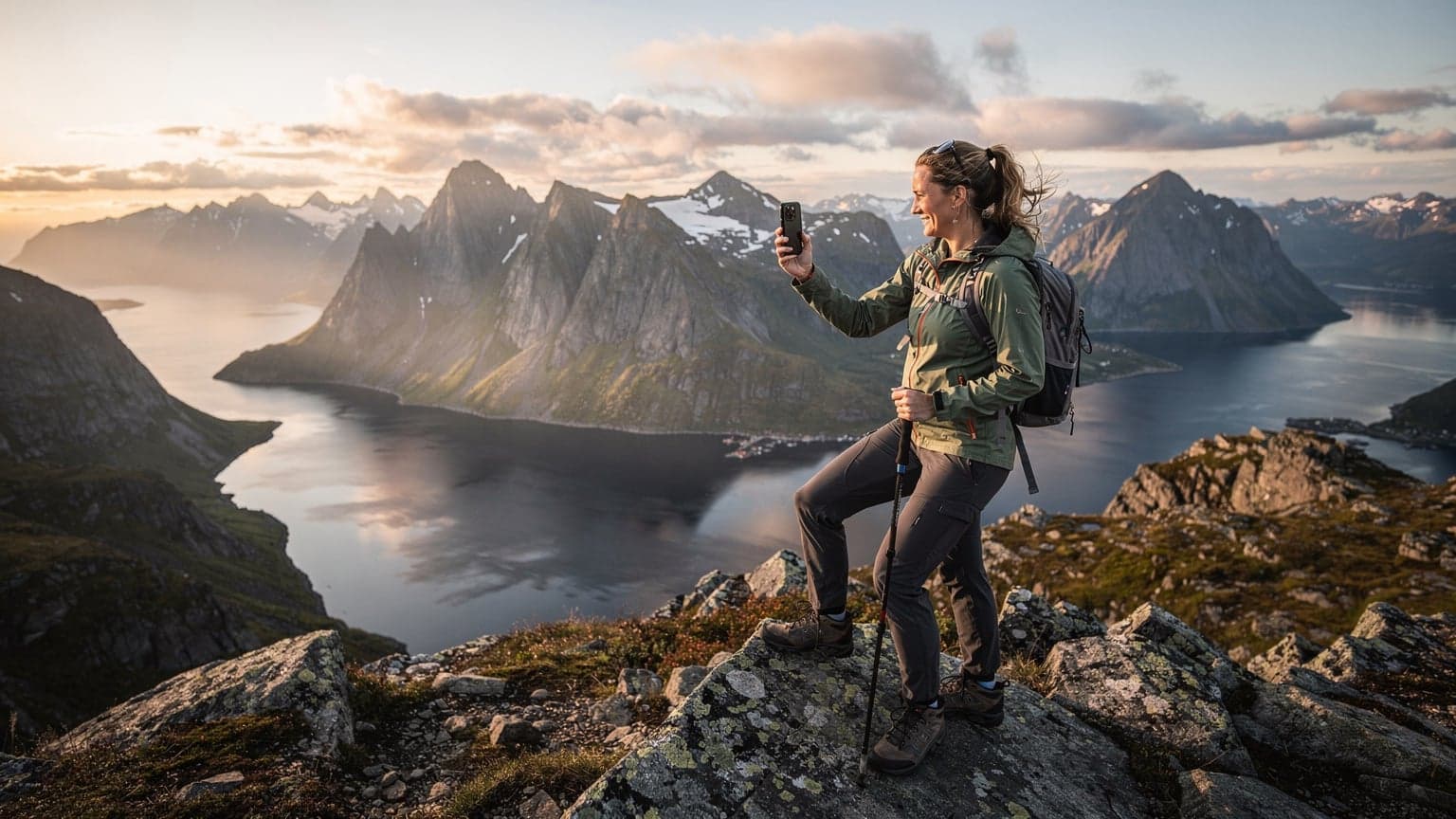 En kvinne med en ryggsekk og vandrestaver står på en fjelltopp i Lofoten, med en smarttelefon i hånden, og tar et bilde av en fantastisk utsikt over fjorder og fjell i solnedgang.
