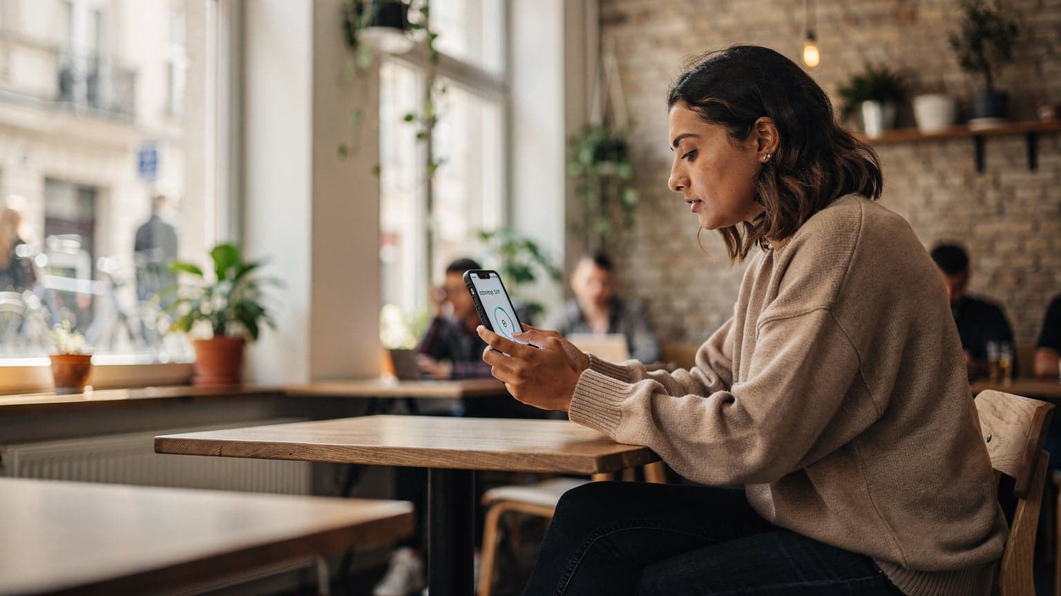 Eine Person sitzt in einem belebten Café in Berlin-Kreuzberg, blickt auf ihr Smartphone mit einem O2 eSIM-Logo auf dem Bildschirm und genießt einen Kaffee, während sie eine digitale SIM-Karte konfiguriert.