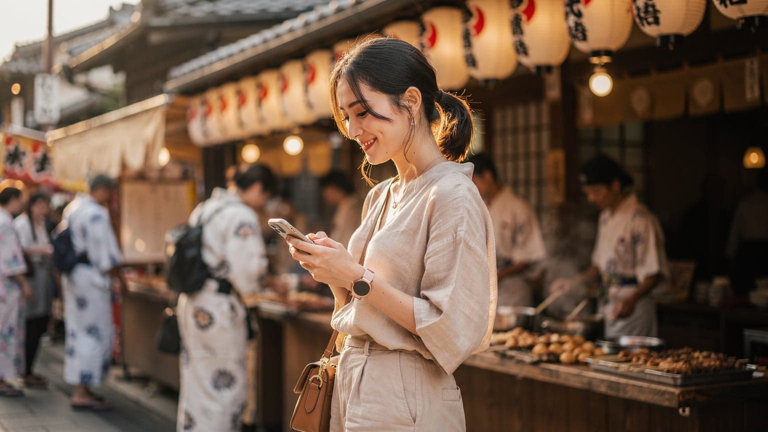Une voyageuse souriante et rafraîchie utilise son smartphone devant un stand de nourriture typique lors du festival de Gion Matsuri à Kyoto, avec des lanternes traditionnelles en arrière-plan.