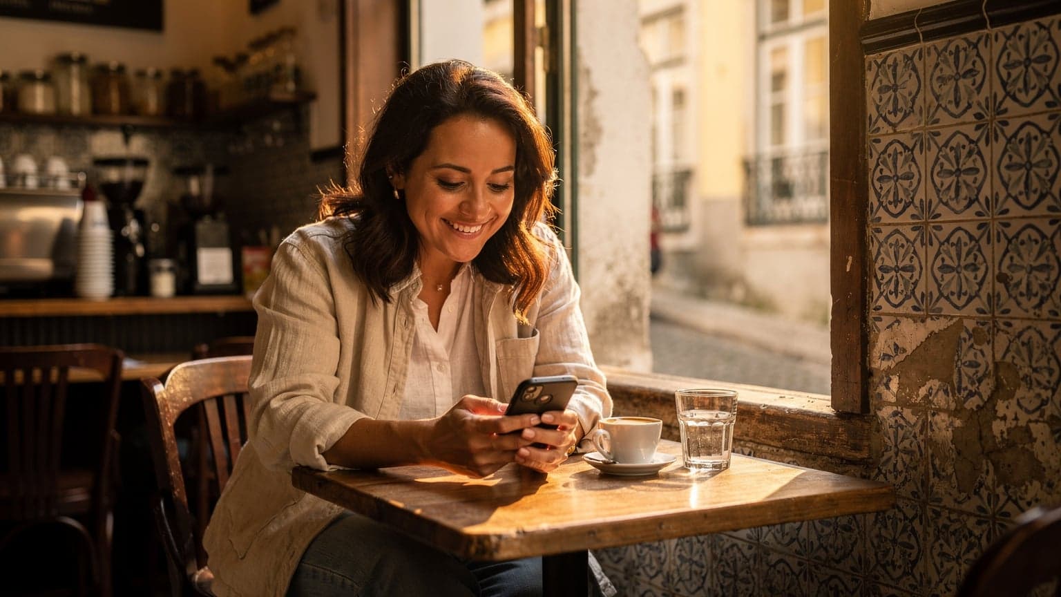 Uma mulher sorridente em um café charmoso no bairro da Alfama, em Lisboa, olhando para o seu telefone com um mapa aberto, com a luz dourada da manhã entrando pela janela.