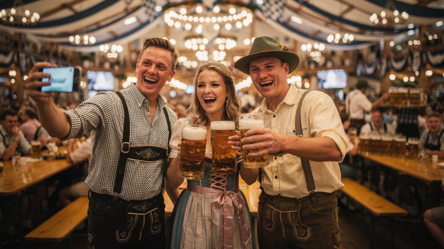 Eine fröhliche Gruppe von Freunden in Tracht, die beim Oktoberfest in einem der Festzelte in München anstoßen, mit einem Smartphone im Vordergrund, das eine Benachrichtigung anzeigt.