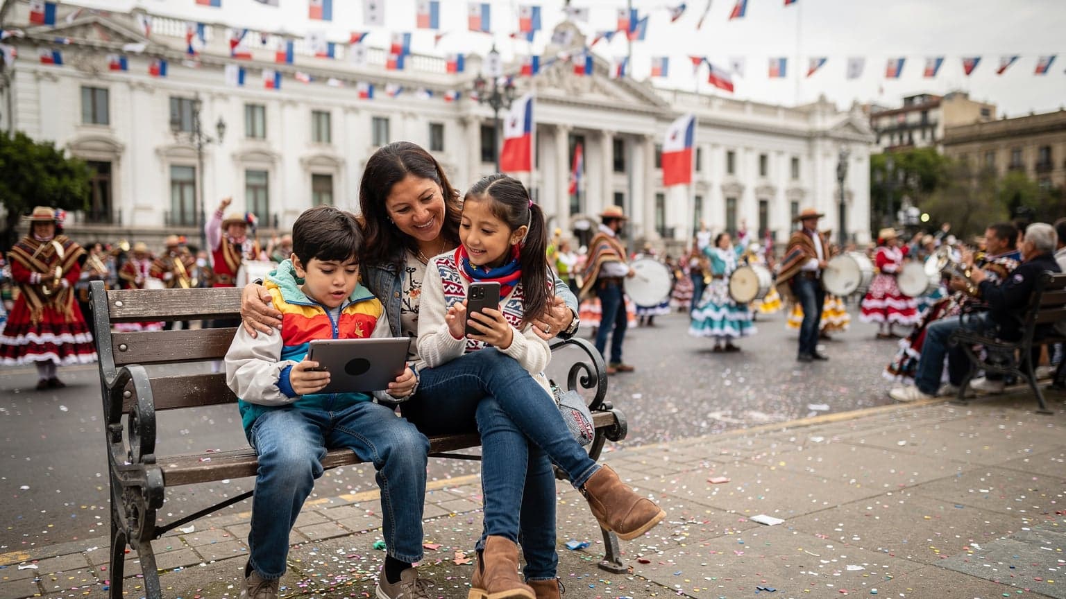 Una madre sonriente con sus dos hijos, uno de unos 8 años y otro de 12, usando una tablet y un teléfono móvil, sentados en un banco con vistas a un colorido desfile de Fiestas Patrias en la Plaza de Armas de Santiago de Chile, con banderas y confeti en el aire.