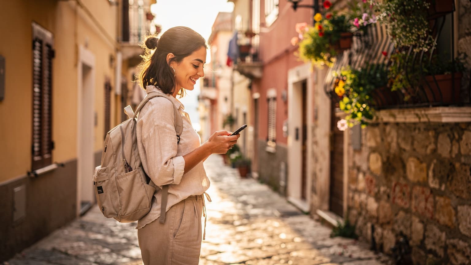 Une jeune femme souriante, sac à dos léger, utilise son téléphone pour consulter une carte dans une ruelle ensoleillée de Sicile, avec des façades colorées et des balcons fleuris en arrière-plan.