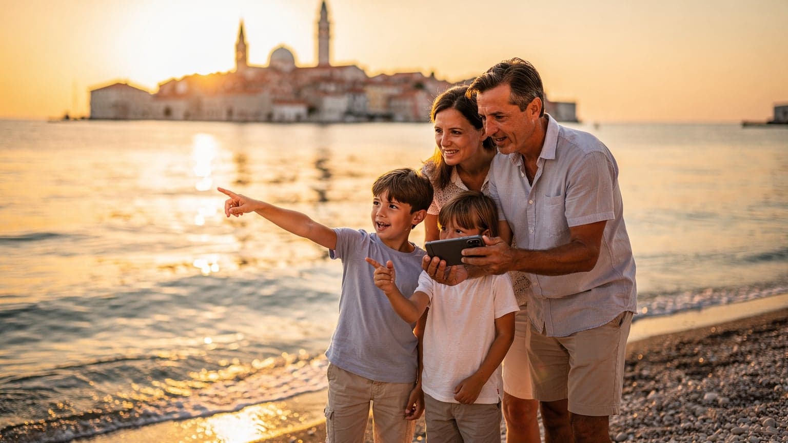 Eine Familie mit zwei Kindern am Strand von Istrien, Kroatien, schaut gemeinsam auf ein Smartphone mit einer digitalen Karte, während die Sonne untergeht.
