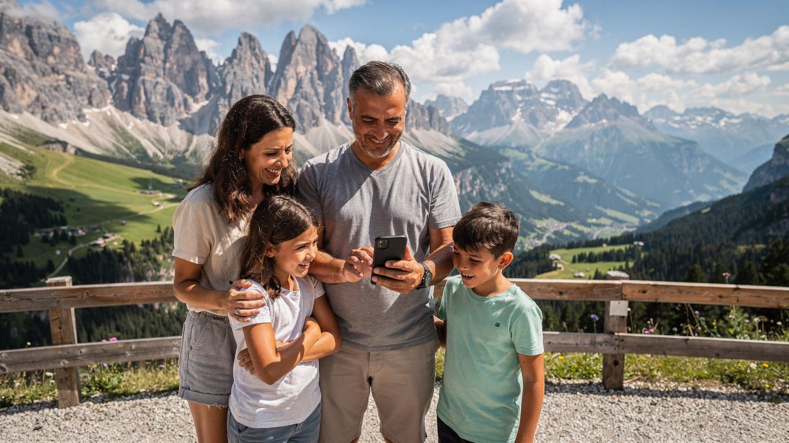 Una famiglia italiana sorride mentre consulta mappe sullo smartphone, con una eSIM attiva, sullo sfondo delle Dolomiti sotto un cielo azzurro e soleggiato, con le vette maestose a fare da cornice.