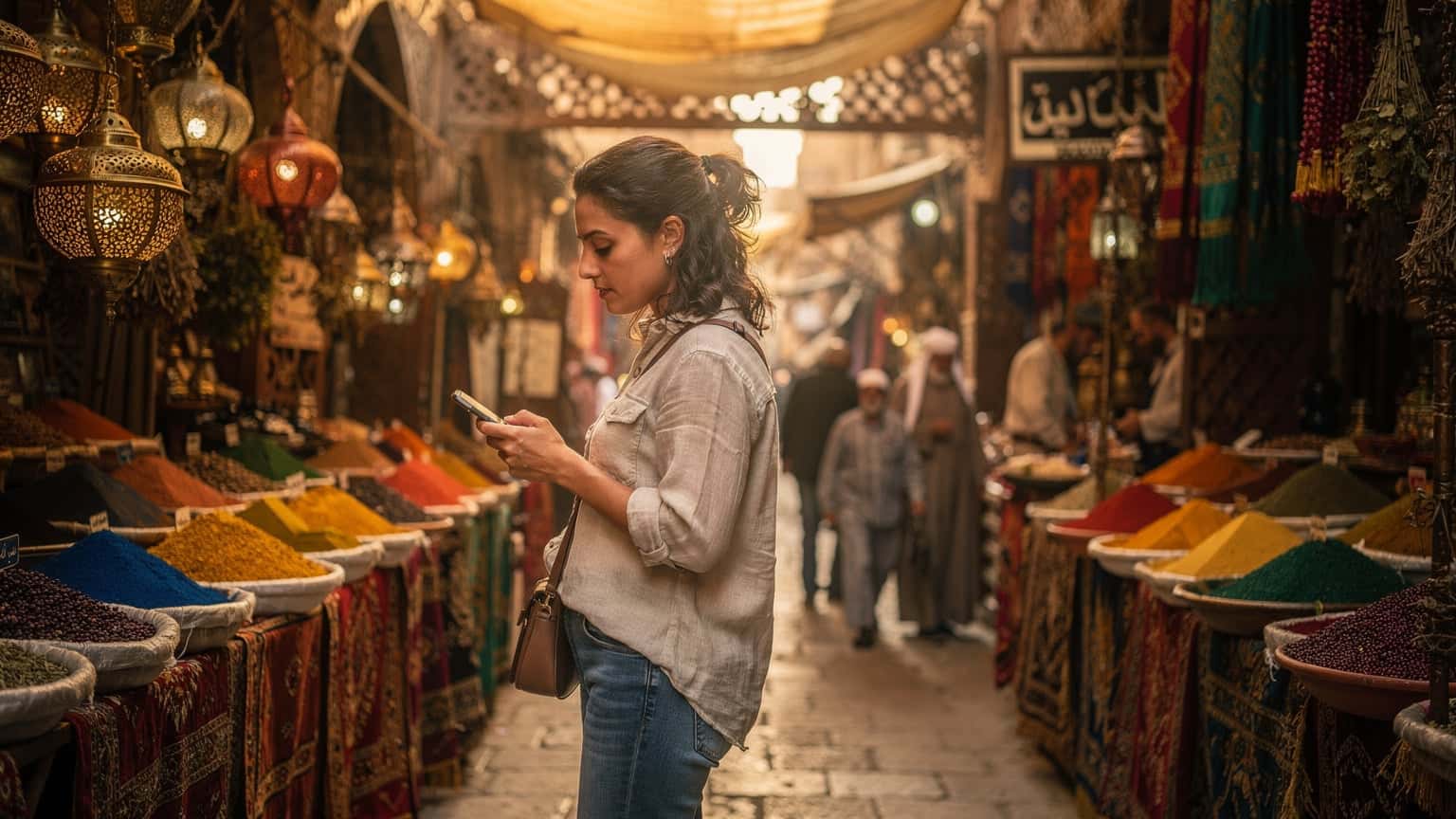 Una viajera activa revisa su teléfono mientras navega por el bullicioso mercado de Khan el-Khalili en El Cairo, con especias y textiles coloridos de fondo.