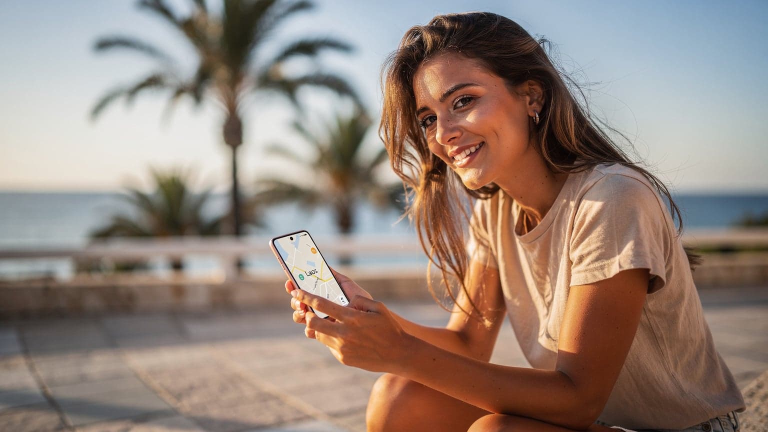 O tânără zâmbește relaxată, ținând un Xiaomi 17 în mână, cu un fundal estival blurat care sugerează o terasă însorită la malul mării în Portugalia, cu palmieri și un cer senin. Telefonul afișează o hartă discretă.