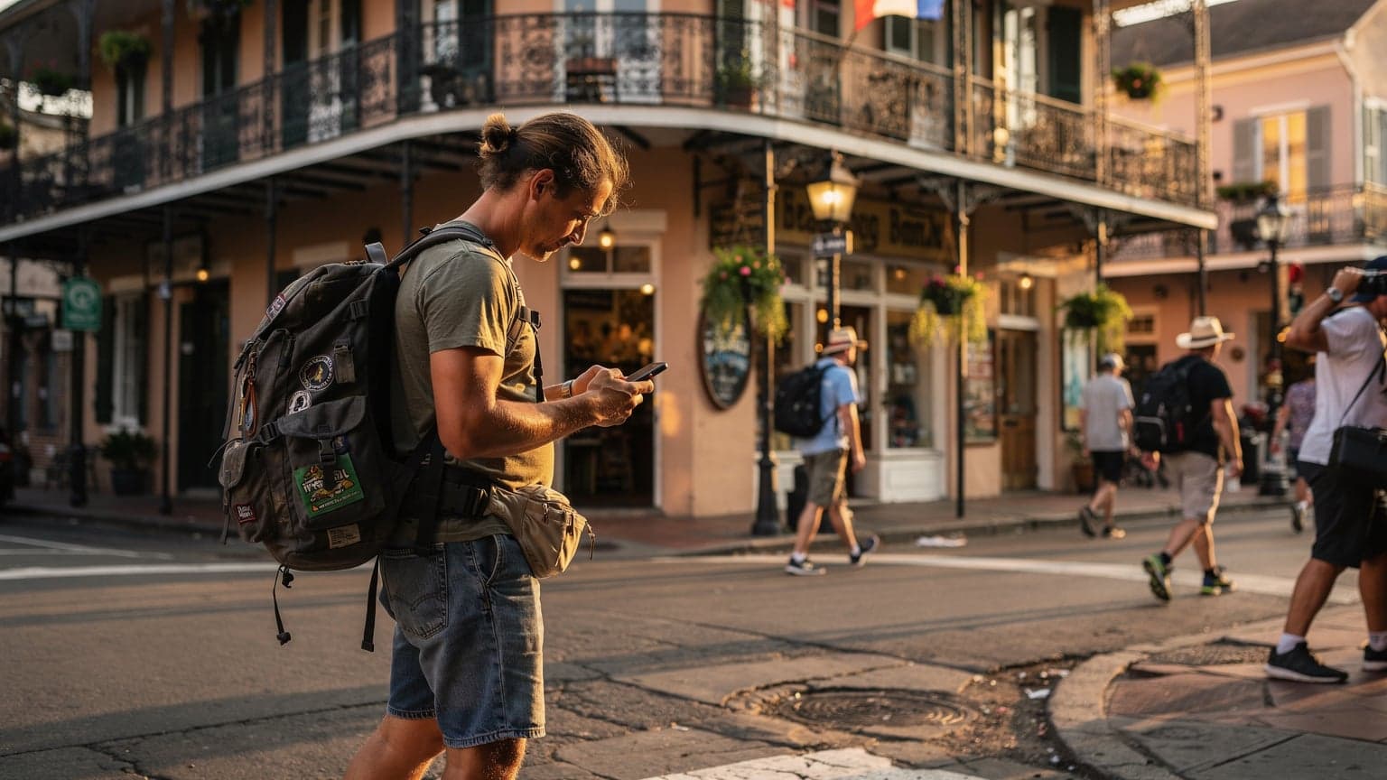 A budget traveler, mid-twenties, with a well-worn backpack, checks their phone for directions on a bustling street in New Orleans' French Quarter, late afternoon.