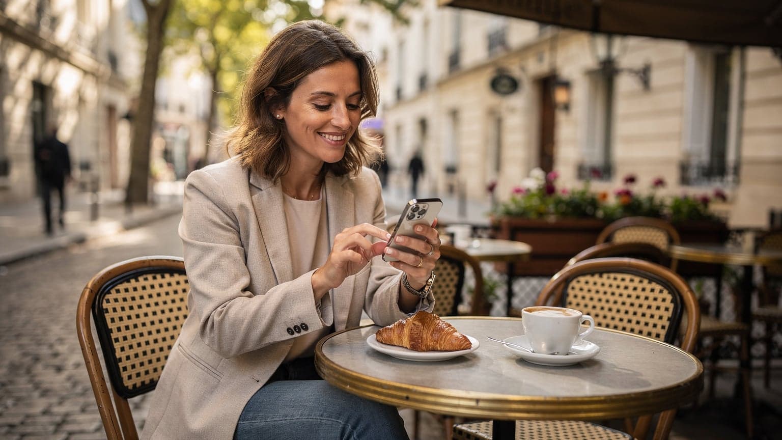 Une femme souriante, assise à la terrasse d'un café dans le quartier du Marais à Paris, transférant une eSIM sur son iPhone 15 Pro, avec une tasse de café et un croissant à côté d'elle, baignée par la lumière douce du matin.