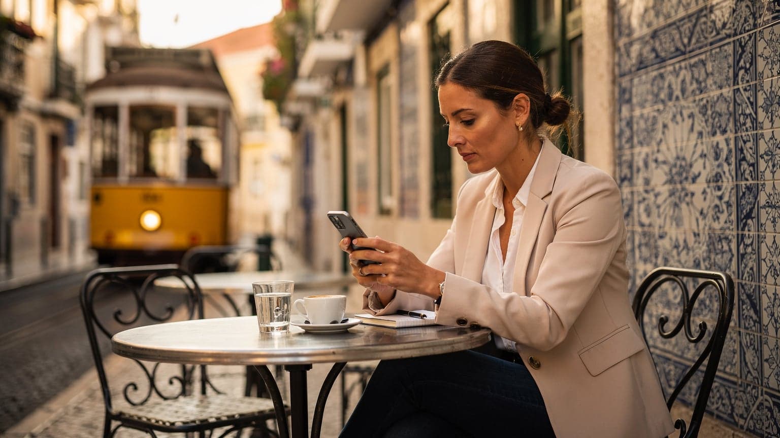 Una donna seduta a un tavolo in un caffè all'aperto a Lisbona, con il suo smartphone in mano mentre controlla la connessione eSIM, con edifici storici e un tram giallo sullo sfondo.