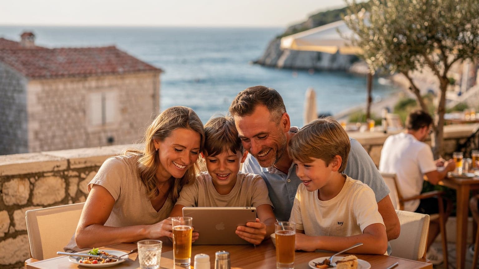 En dansk familie, mor, far og to børn i alderen 8 og 10, smiler og kigger på en tablet, mens de sidder ved et bord på en udendørs restaurant med udsigt over det azurblå Adriaterhav i Kroatien.