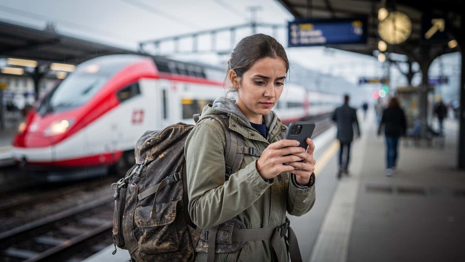 A budget backpacker looking at a digital map on a smartphone while standing on a platform at the Bern main train station in Switzerland, with a train pulling in.