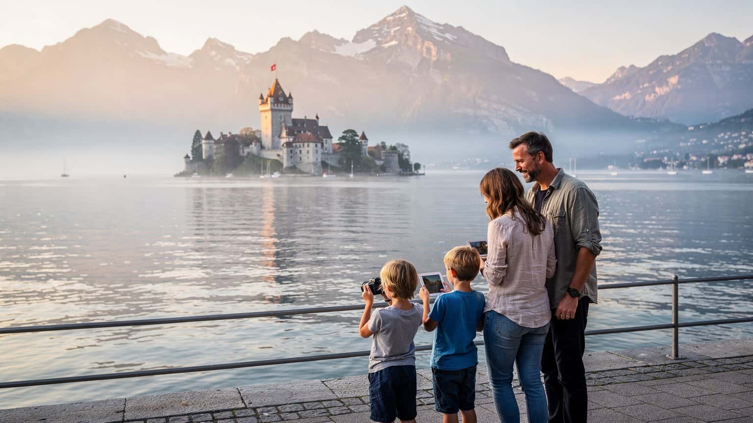 A family with two children, aged around 8 and 10, standing by the shore of Lake Geneva in Montreux, Switzerland, looking at the Chillon Castle in the distance.