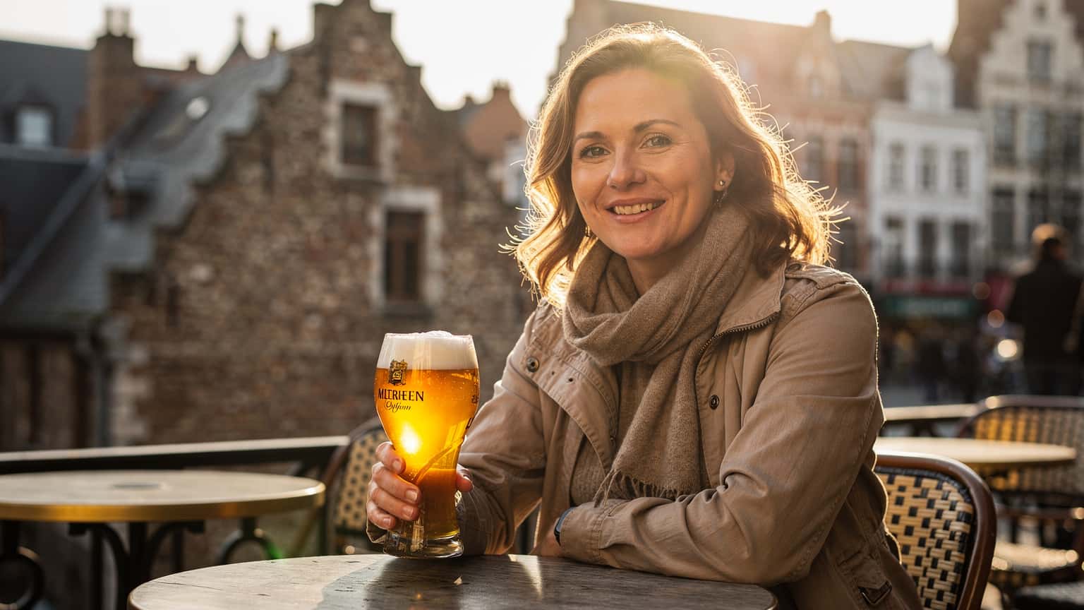 O turistă zâmbește, savurând o bere artizanală belgiană pe terasa unei cafenele tradiționale din cartierul Marolles din Bruxelles, cu o vedere spre acoperișurile istorice.