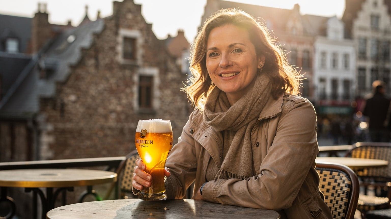 O turistă zâmbește, savurând o bere artizanală belgiană pe terasa unei cafenele tradiționale din cartierul Marolles din Bruxelles, cu o vedere spre acoperișurile istorice.