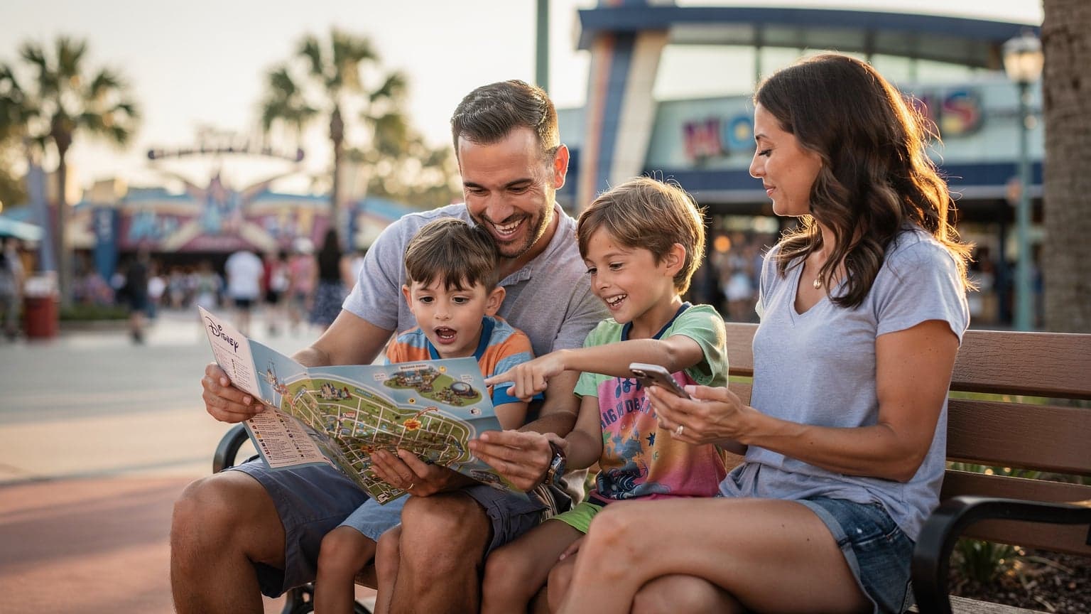 Una familia con dos niños (4 y 10 años) sonriendo y mirando un mapa de Disney World, mientras una mujer revisa su teléfono con una eSIM activa.
