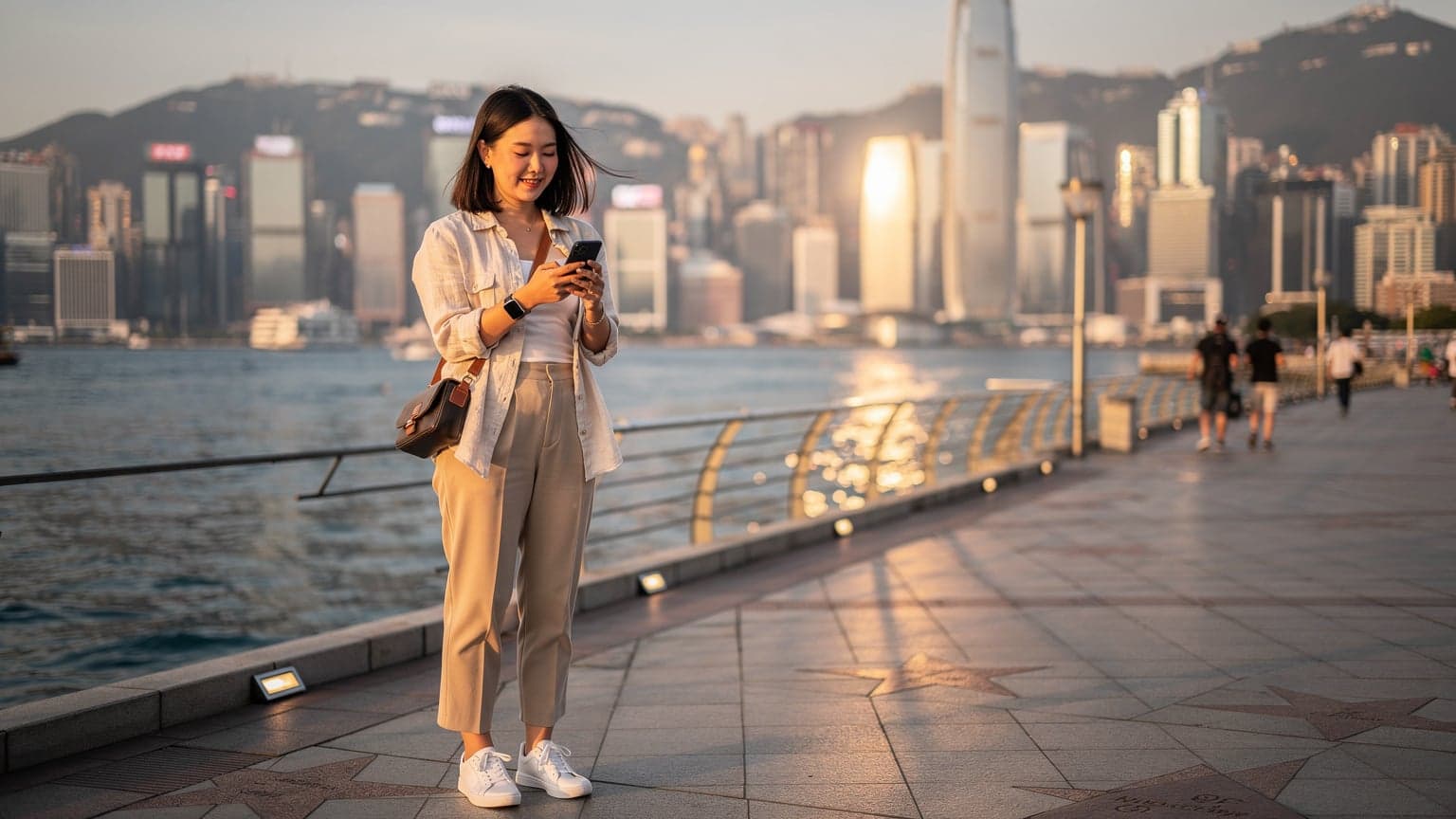 一名年轻的中国女性游客站在香港维多利亚港的星光大道上,背景是繁华的城市天际线,她正微笑着查看手机上的eSIM连接状态。