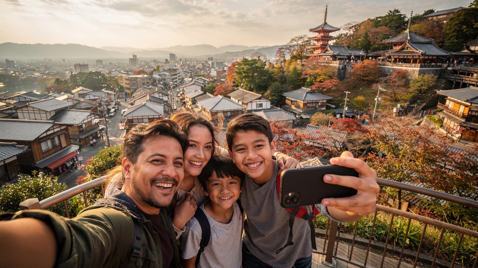 Sebuah keluarga Malaysia menikmati pemandangan bandar Kyoto dari atas bukit sambil seorang wanita sedang melihat telefonnya yang mempunyai tanda sambungan data.