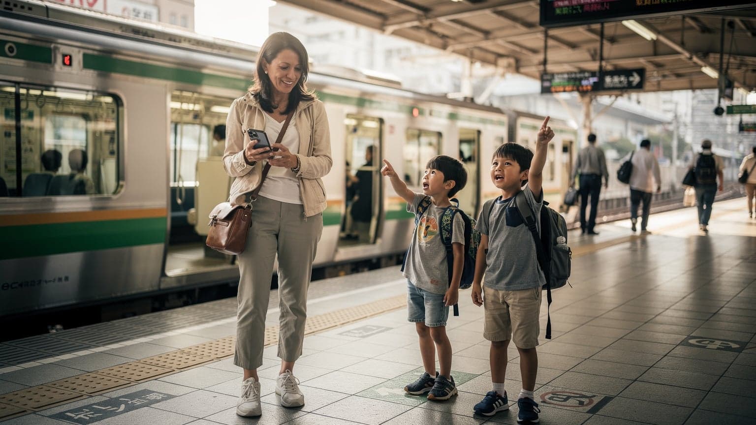 Seorang ibu tersenyum sambil memegang ponselnya, memeriksa rute di Google Maps, dengan anak-anaknya yang bersemangat di belakangnya di stasiun kereta Yamanote, Tokyo, menunjukkan persiapan liburan keluarga.