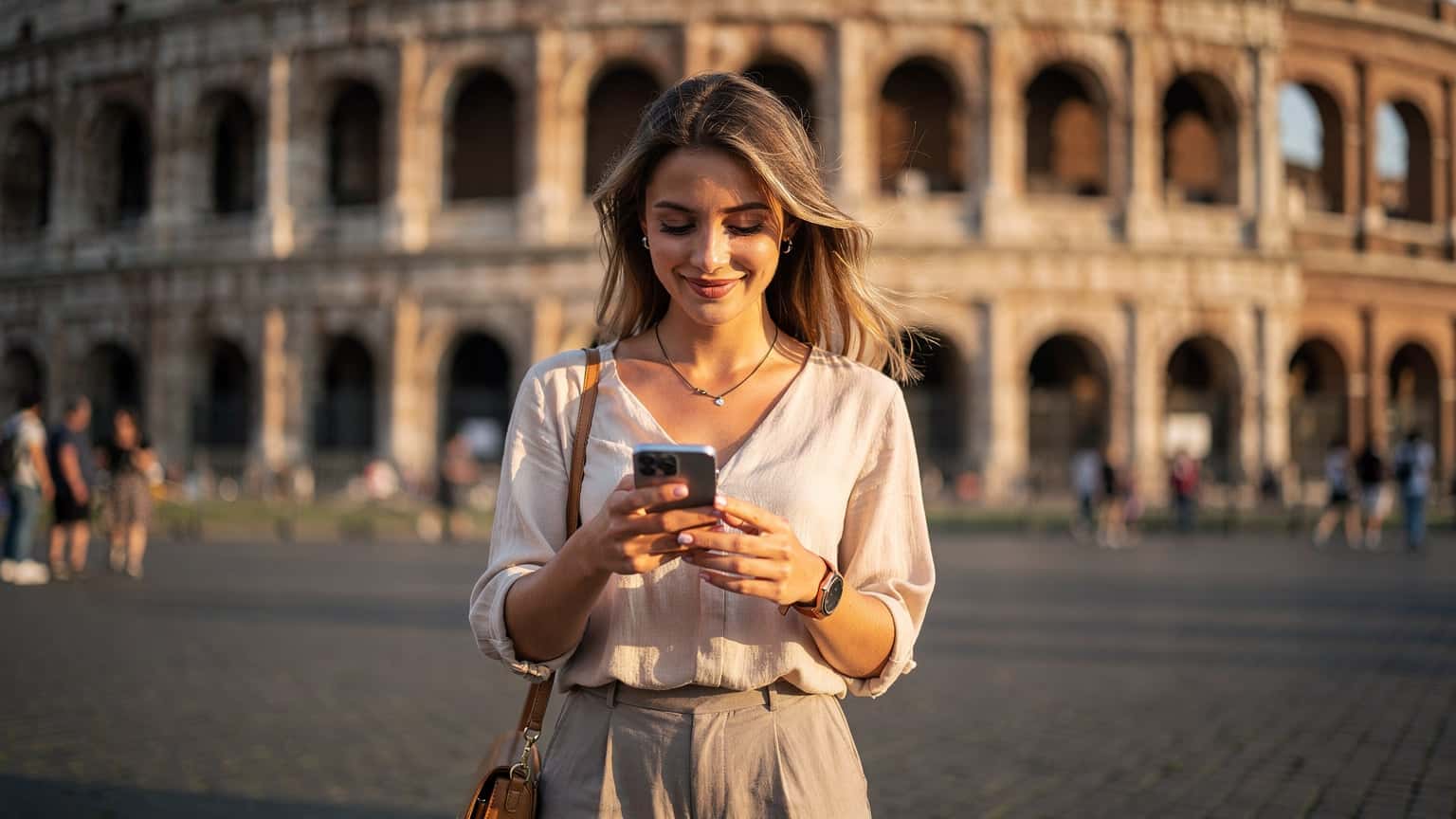 A woman confidently navigating her smartphone for data in front of the Colosseum in Rome, Italy, bathed in warm afternoon sunlight.
