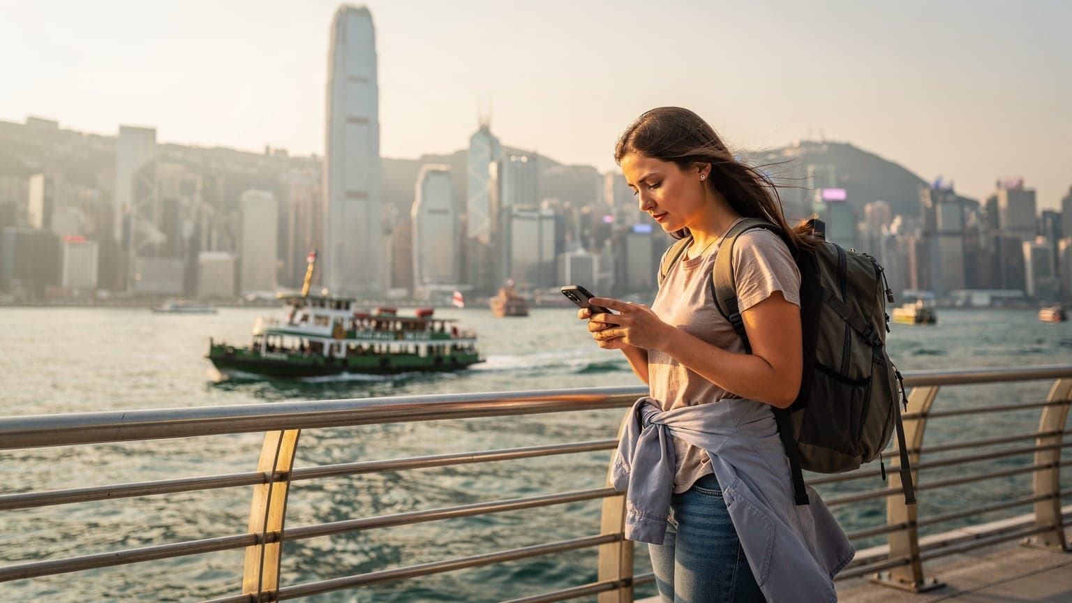 一位年輕女性背包客在香港維多利亞港邊,手持iPhone查看地圖,背景是繁華的城市天際線和渡輪。