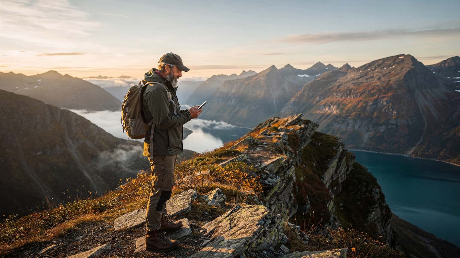 En jeger med ryggsekk og rifle står på en fjelltopp i Jotunheimen ved soloppgang, ser ut over et tåkelagt landskap med en smarttelefon i hånden som viser signal.