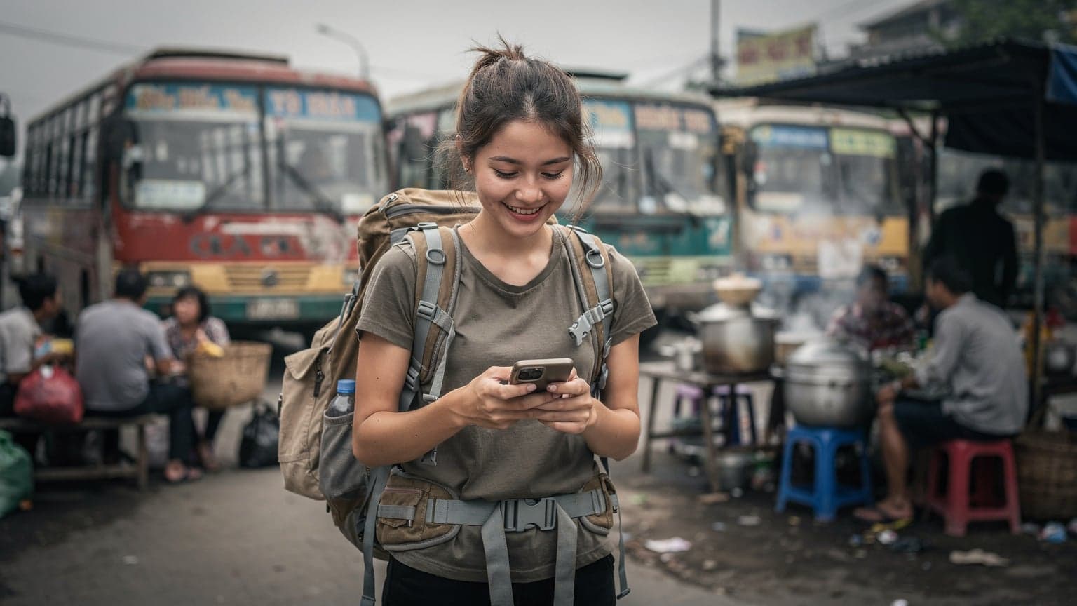 En ung budgetrygsækrejsende kigger på sin telefon med et smil, mens hun sidder på en træbænk ved en busstation i Hanoi under en overskyet morgen.