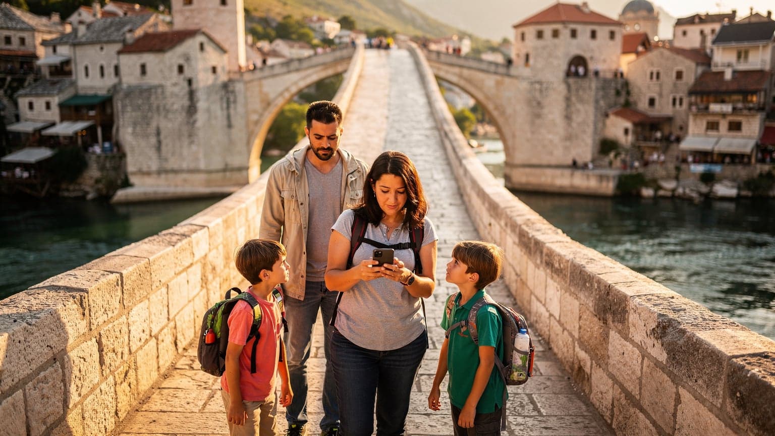 Bosna-Hersek'in Mostar Köprüsü üzerinde, elinde telefonla haritaya bakarken iki çocuğuyla yürüyen mutlu bir aile.