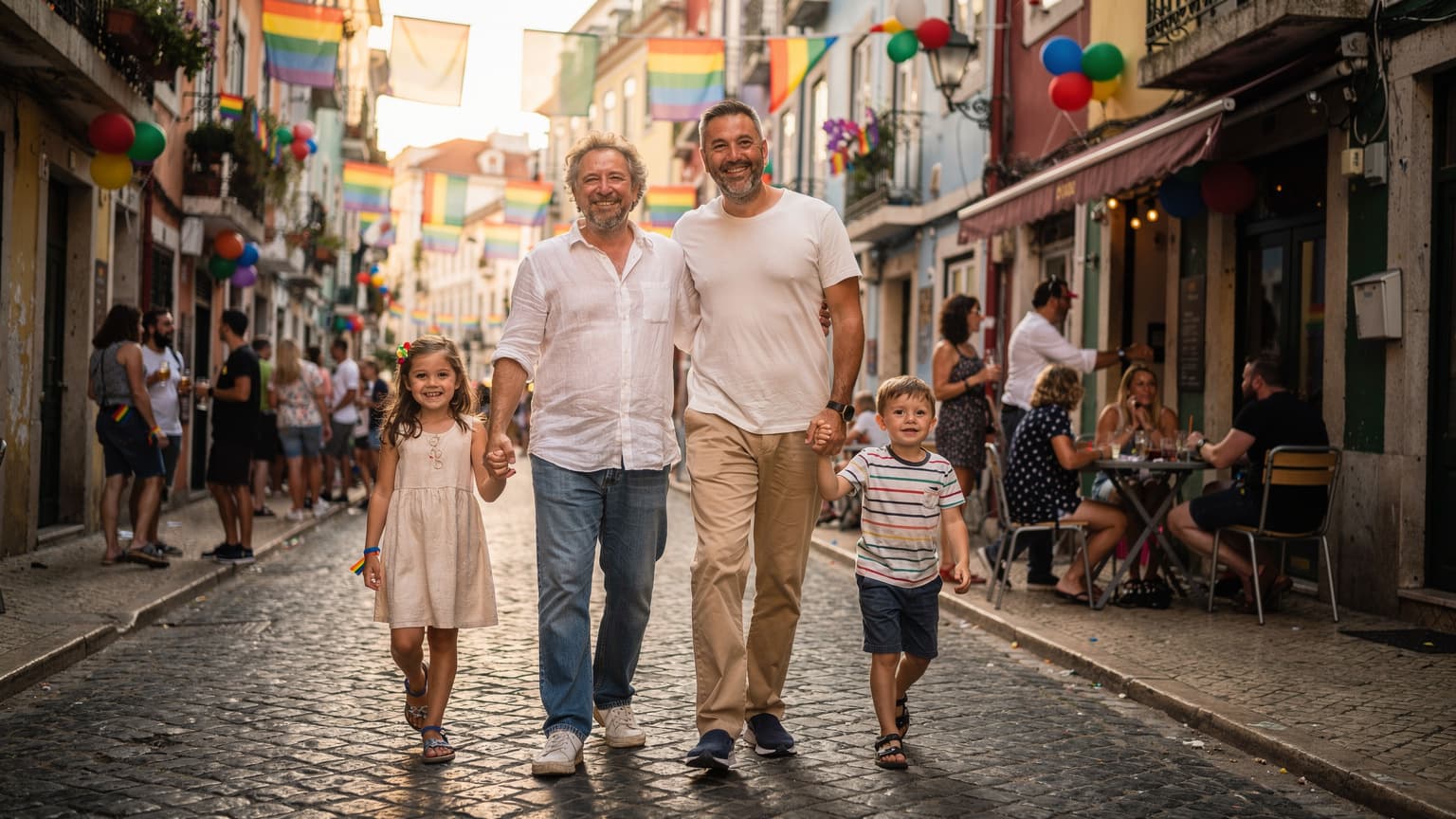 Uma família sorridente, com dois pais e duas crianças de mãos dadas, a caminhar entusiasticamente por uma rua histórica de Lisboa decorada com bandeiras arco-íris durante o Arraial Pride.
