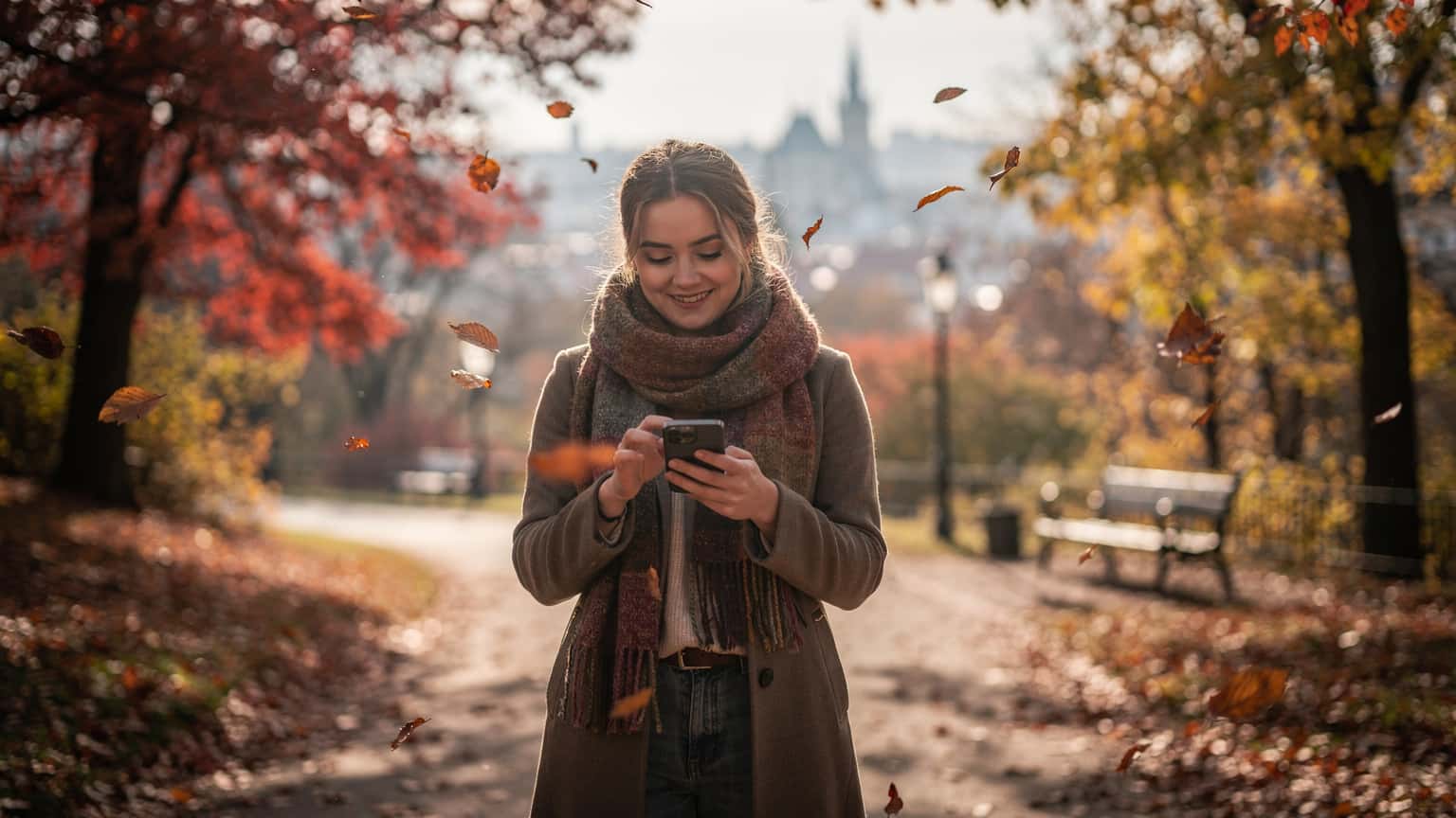 Een reiziger bekijkt de herfstbladeren in een park in Praag, terwijl ze hun telefoon vasthoudt met een eSIM-profiel geactiveerd, klaar om te navigeren.