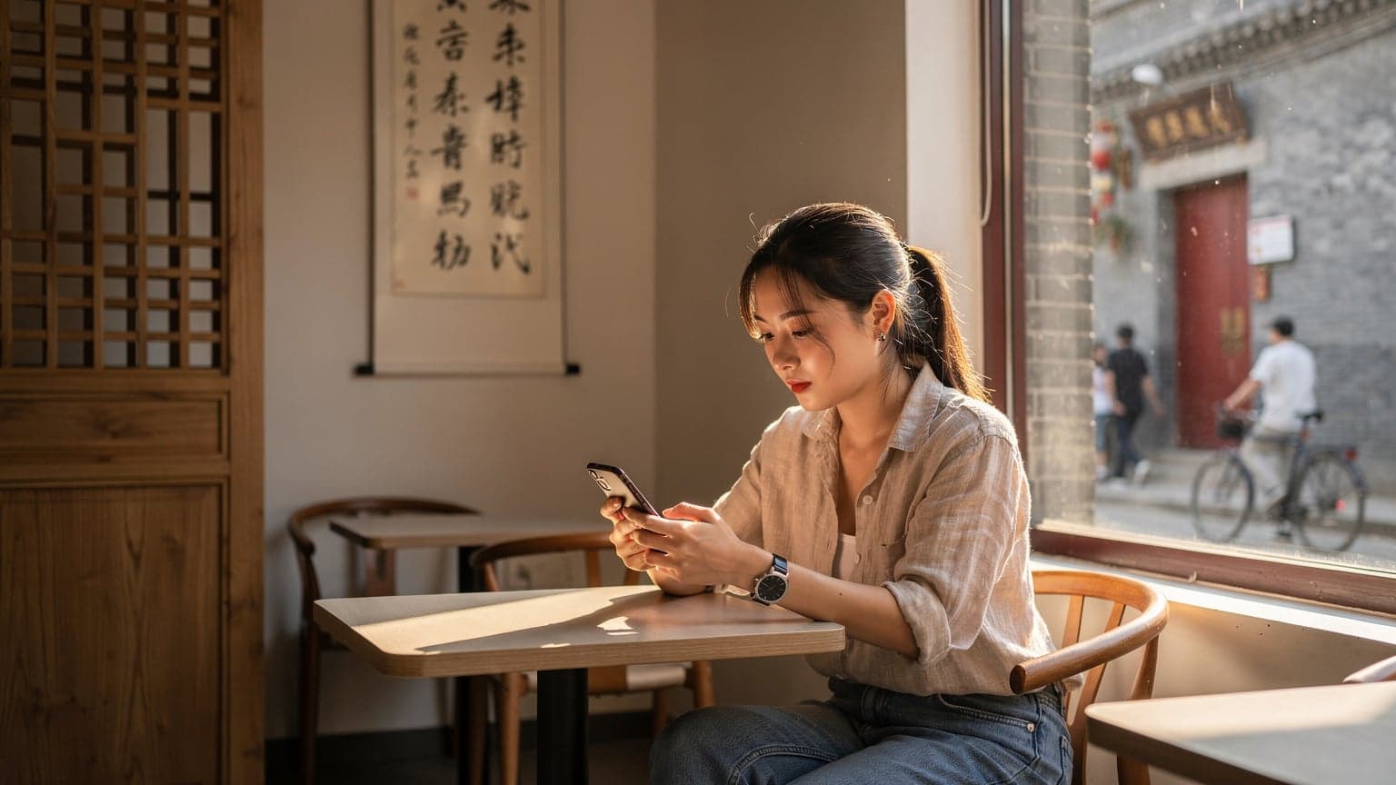 一名旅客在北京胡同的咖啡館裡,專心致志地使用手機,背景是傳統中式建築。