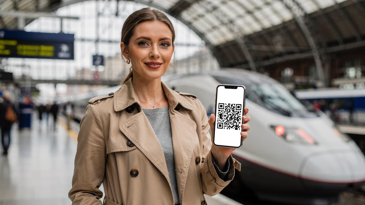 A woman confidently holds her iPhone, displaying a QR code on its screen, as she stands on a bustling platform at London's King's Cross St Pancras station, awaiting her Eurostar train.