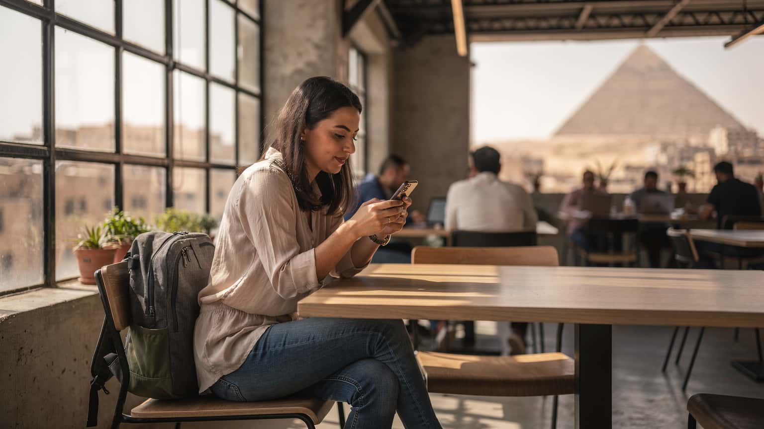 Une voyageuse naviguant sur son téléphone avec une eSIM activée, assise confortablement dans le café 'The GrEEK Campus' au Caire, avec les pyramides de Gizeh floues en arrière-plan à travers la fenêtre.