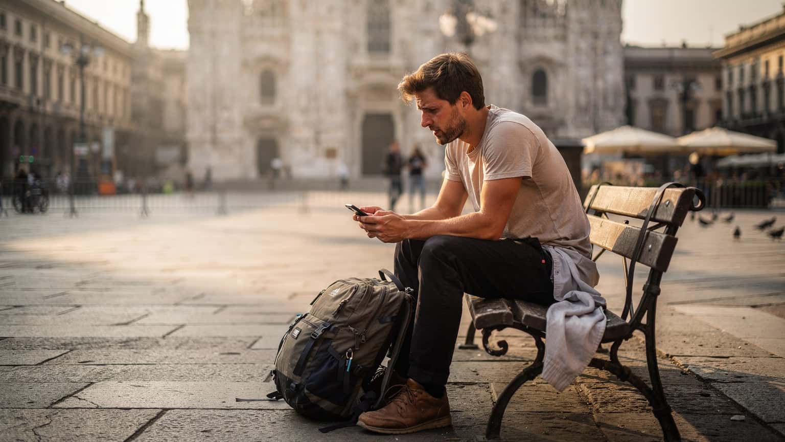 Un viaggiatore con uno zaino leggero consulta il suo smartphone con un'espressione preoccupata, seduto su una panchina in Piazza del Duomo a Milano al mattino presto.