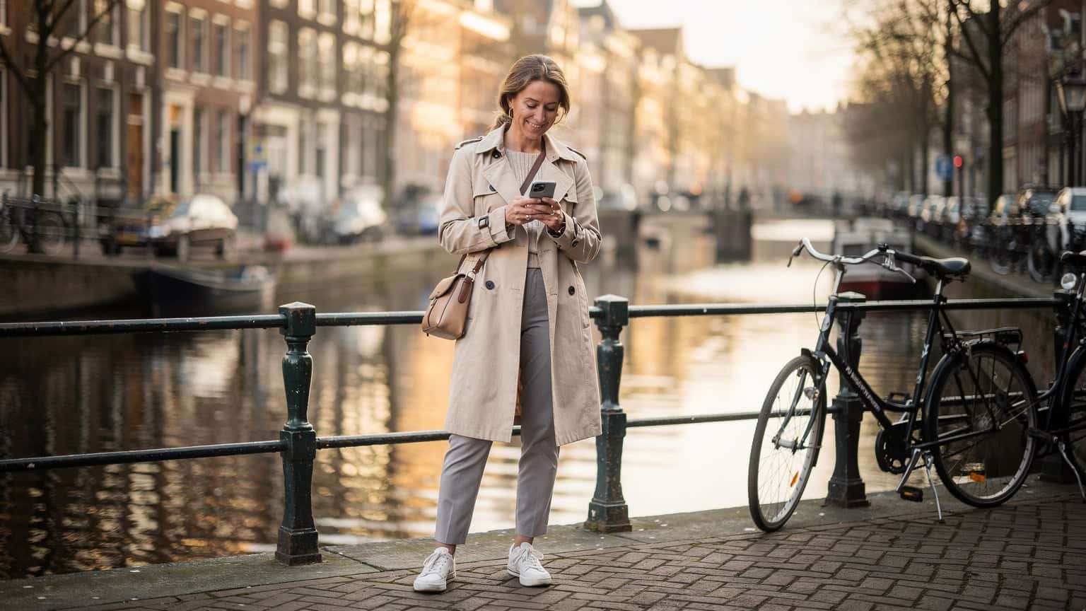 Seorang wanita tersenyum sambil melihat ponselnya di tepi kanal di distrik Jordaan, Amsterdam, dengan latar belakang rumah-rumah khas Belanda yang indah dan sepeda terparkir.