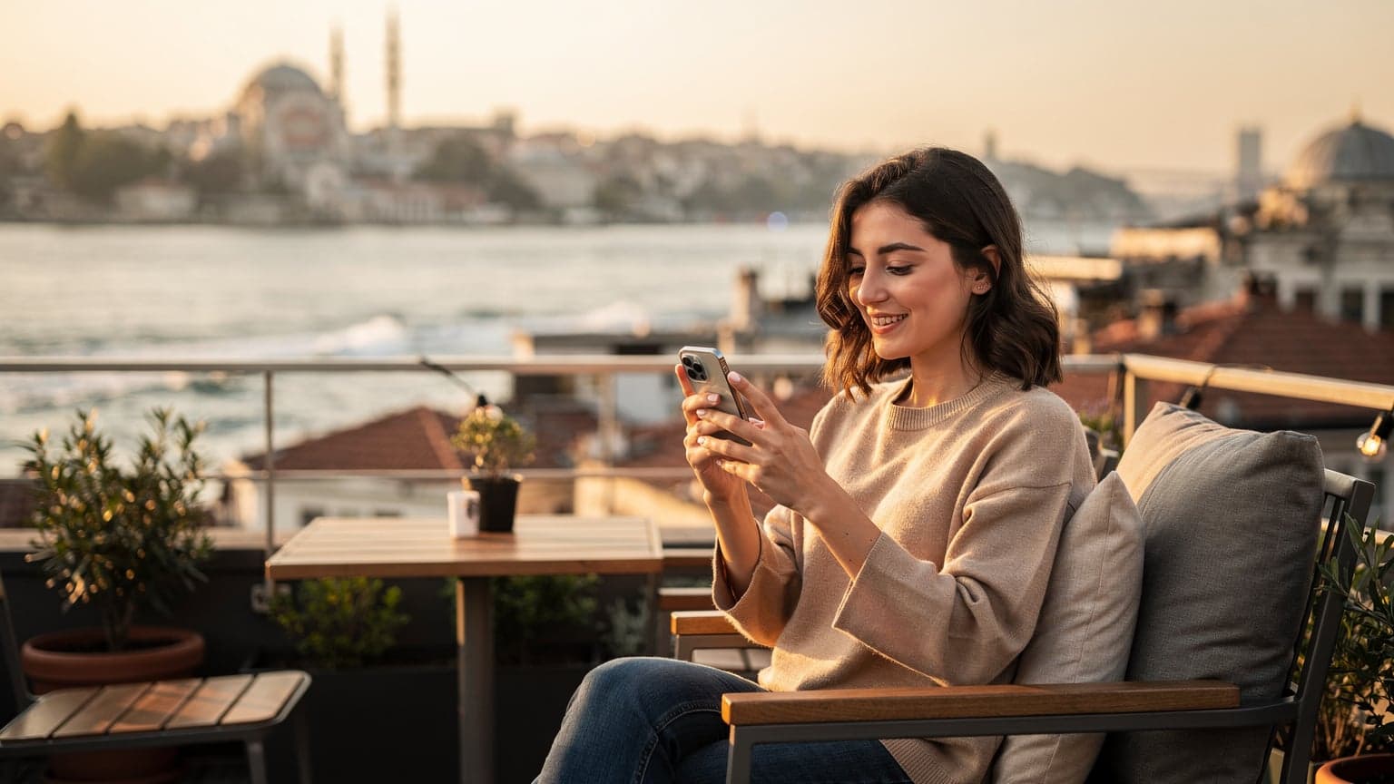 Une jeune femme, l'air serein, tient son smartphone avec une eSIM active, admirant la vue imprenable sur le Bosphore depuis une terrasse d'Istanbul au coucher du soleil.