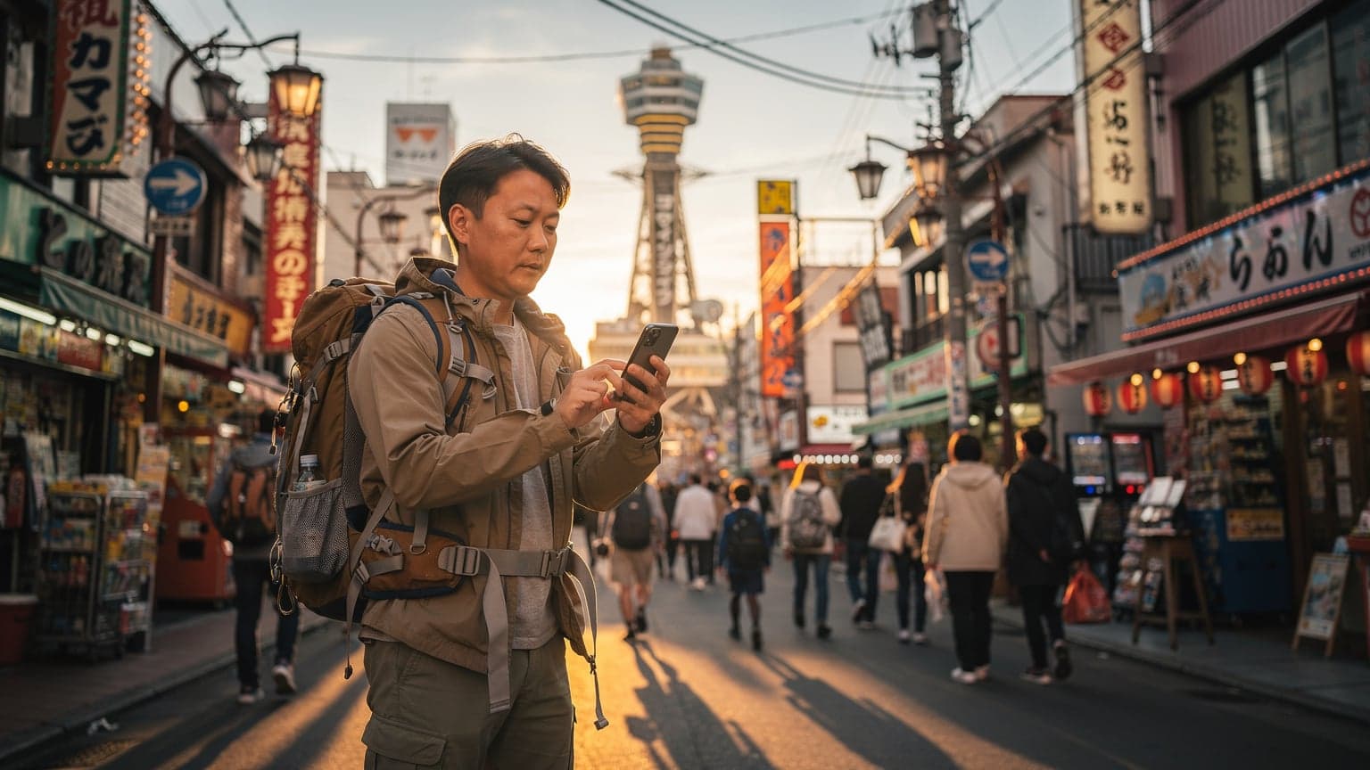 Een reiziger met een rugzak kijkt op zijn telefoon naar een kaart van Osaka, met de skyline van de stad op de achtergrond en de iconische Tsutenkaku-toren zichtbaar.