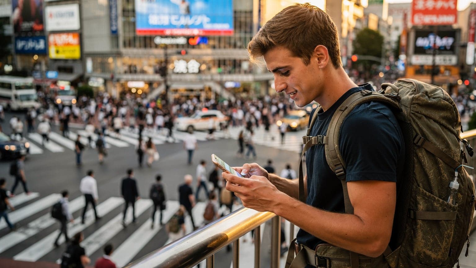 東京の渋谷スクランブル交差点を背景に、iPhoneでCellesimアプリを操作する若いバックパッカーの男性が、旅行計画を確認している様子。