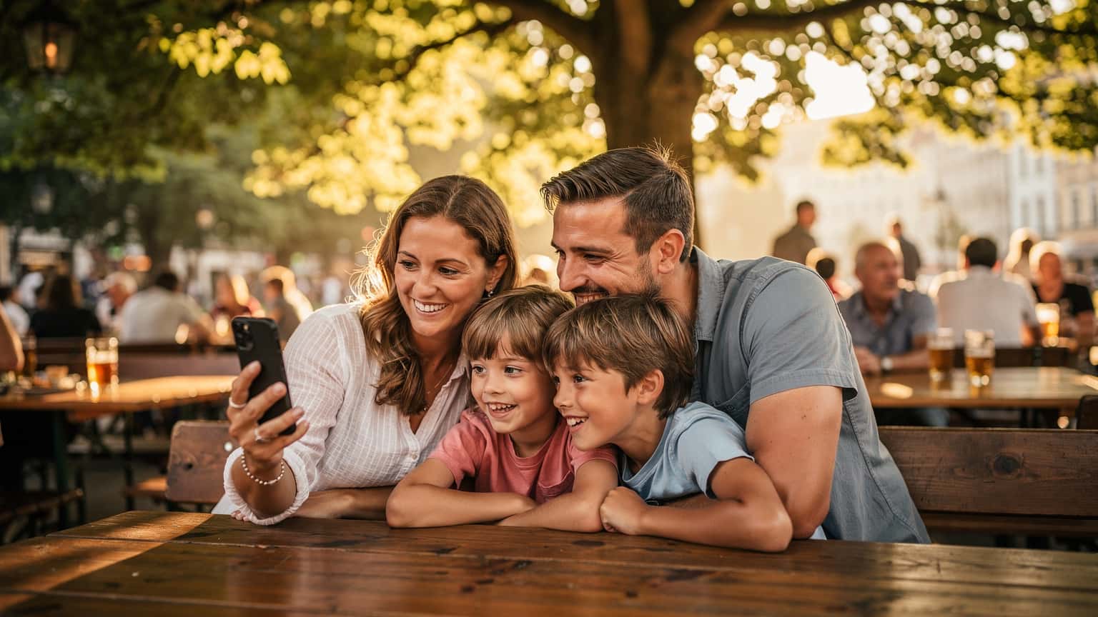 Eine Familie mit zwei Kindern, die lachend auf einer Parkbank in einem belebten Münchner Biergarten sitzen und auf ein Smartphone schauen, während sie ihre eSIM-Tarife vergleichen.