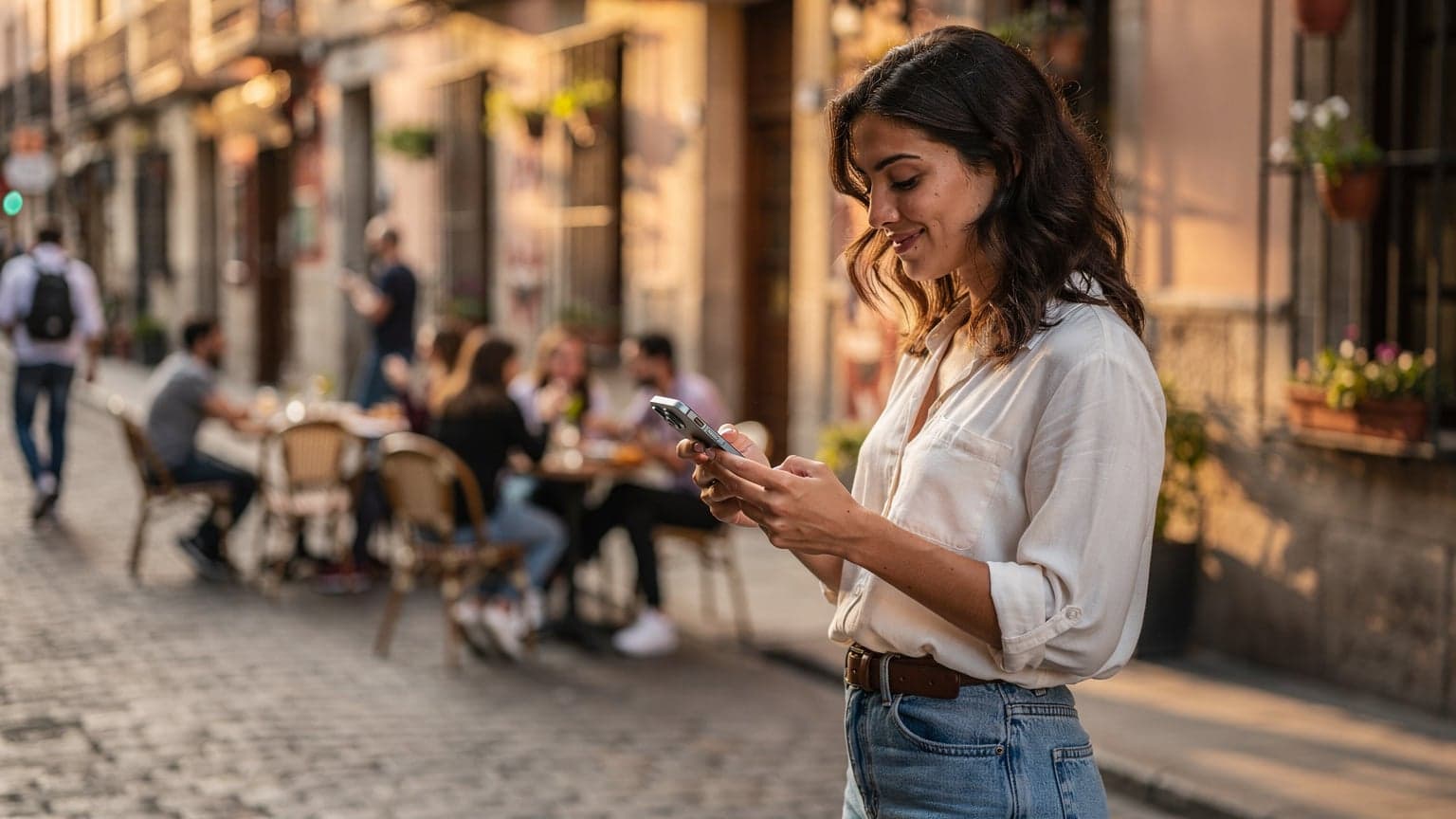 Una mujer joven con un iPhone en la mano, sonriendo mientras navega por una aplicación de mapas en el vibrante barrio de La Latina en Madrid al atardecer, con edificios antiguos de fondo.