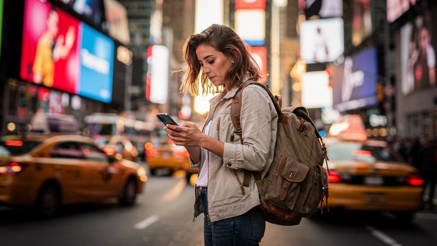 New York City'deki Times Meydanı'nda bir eSIM kullanarak haritaları kontrol eden genç bir kadın, çevresindeki neon ışıklar ve kalabalıkla bir tezat oluşturuyor.