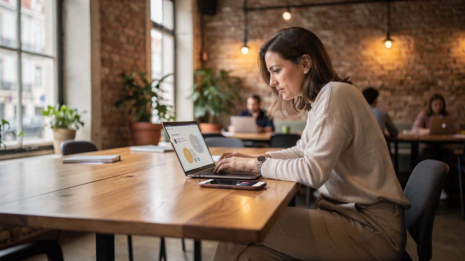 A digital nomad working on a laptop in a bustling co-working space in Lisbon, Portugal, with a smartphone displaying an eSIM profile on the table.